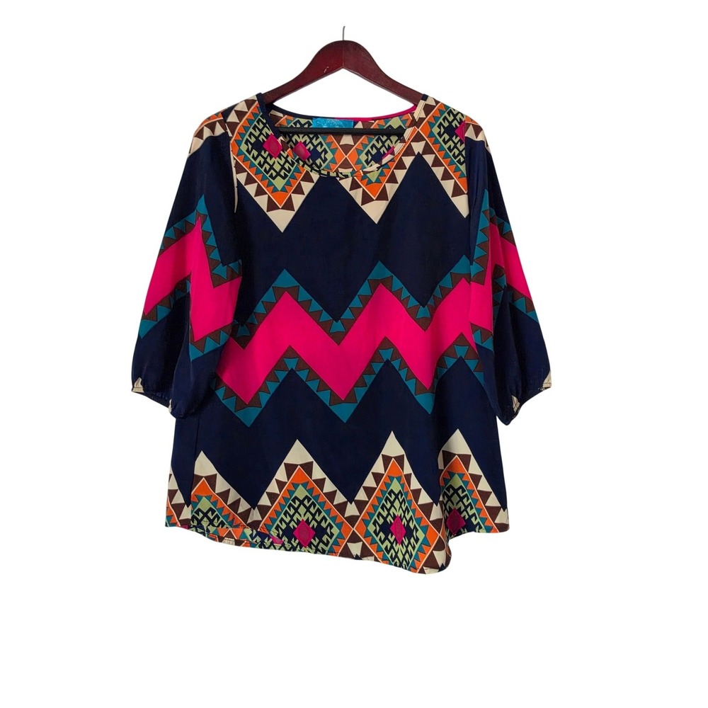 Buttons by Francesca's Collection Geometric Print Blouse M Colorful Retro 80s